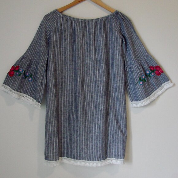 Linen Blend Striped Floral Dress Loose Embroidered Fringe BeachLunchLounge XS - Picture 11 of 13